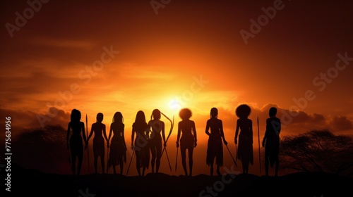 Silhouettes of african aborigines at sunset. Female tribe members