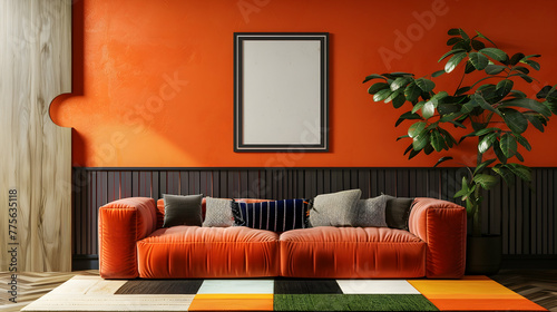 Modern living room interior design in Memphis. The orange and black wall featuring a poster frame is paired with a colourfully cushioned sofa. photo