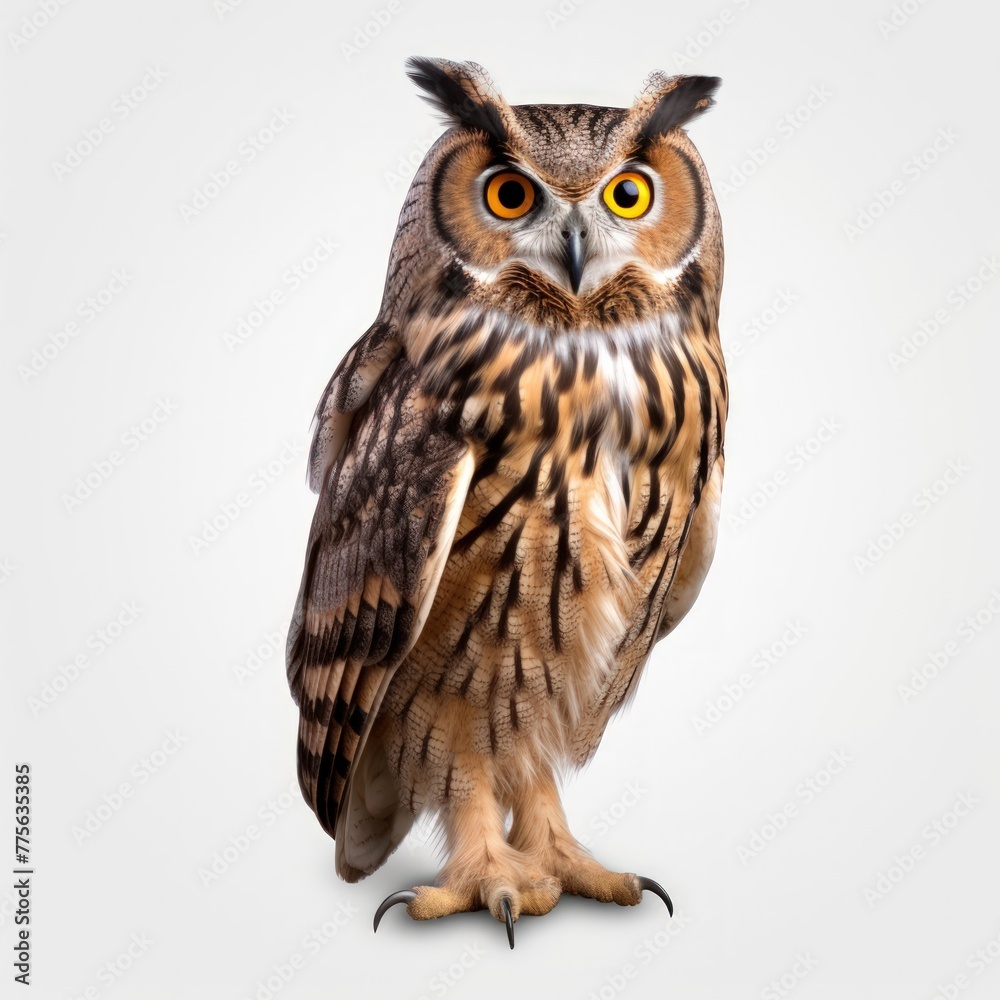 Naklejka premium Close-up of an owl against a white background.