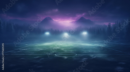 A field with a foggy sky and lights in the background