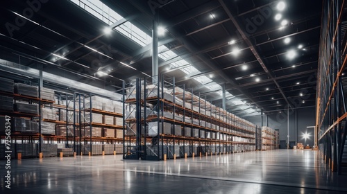 High-ceilinged modern logistics warehouse interior with neatly stacked polished steel storage racks