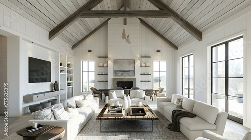 Modern living room interior design of a farmhouse featuring a vaulted ceiling.