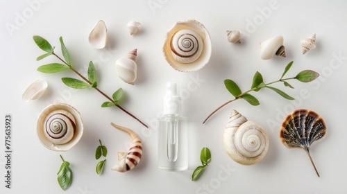 Snail mucin products at white background. Natural photo