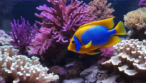 Vibrant tropical fish swimming among colorful corals in a mesmerizing saltwater aquarium ecosystem