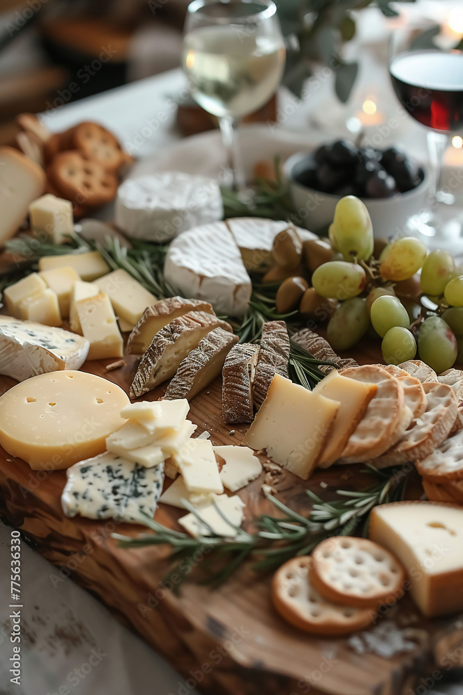 A wooden board with a variety of cheeses and crackers