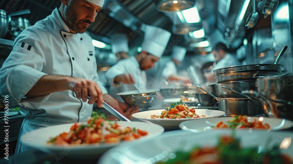 A chef is preparing food in a kitchen with several other chefs