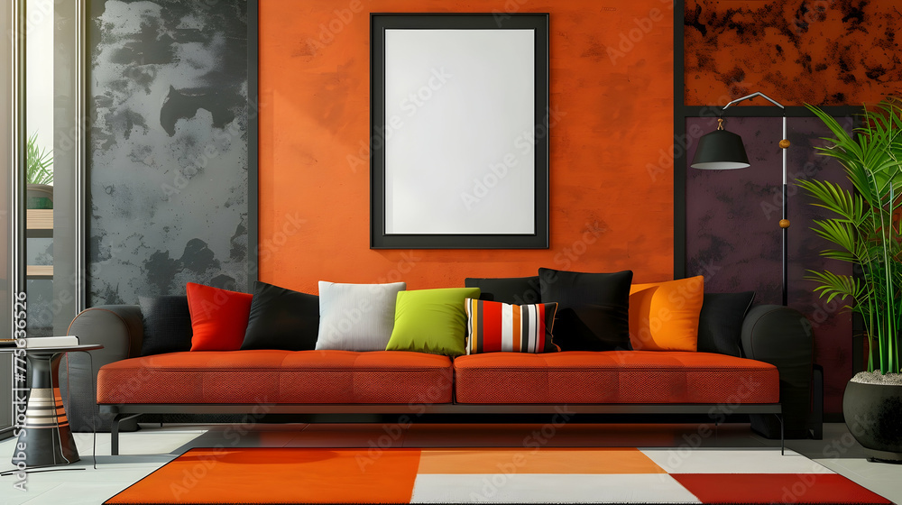 Modern living room interior design in Memphis. The orange and black ...