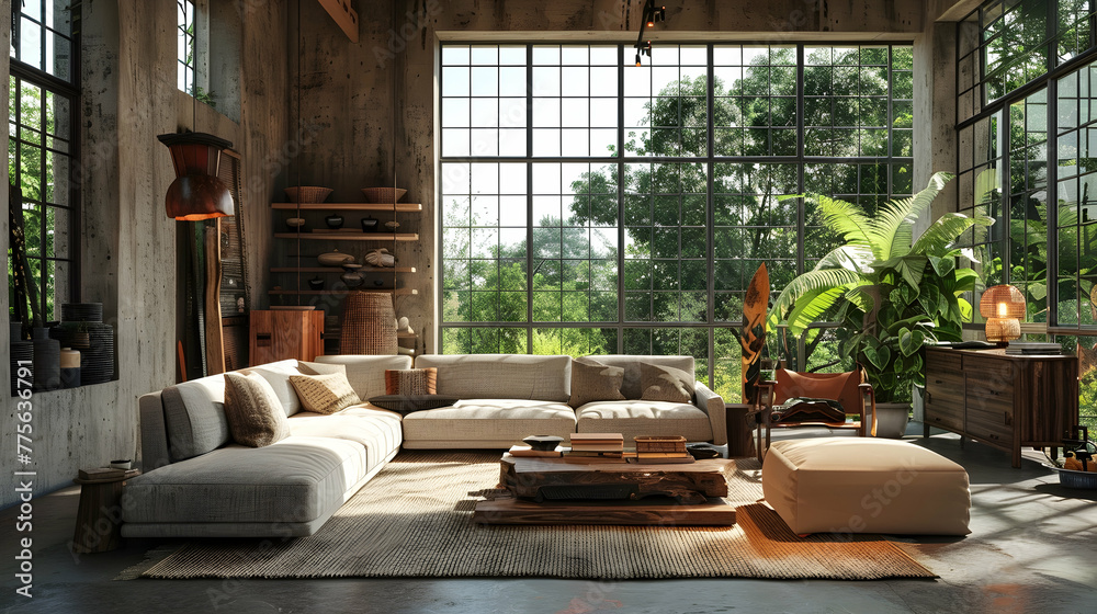 Modern living room with a bohemian interior design. rustic furnishings in a large windowed room.