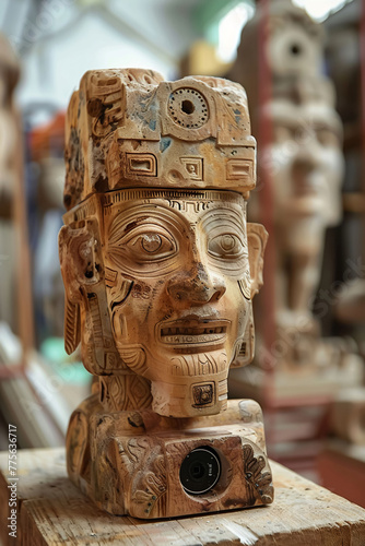 A wooden statue of a man with a camera on his head