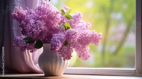 a Vase with spring flowers lilac on a wooden window.