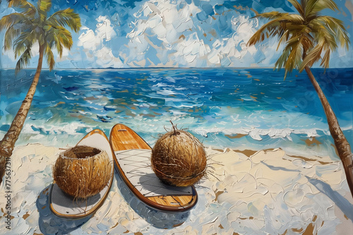 Two coconut husks standing on a surfboard on a beautiful sandy beach.