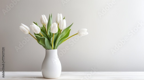 a White spring tulips in a vase on a white