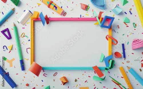 A whiteboard with a colorful frame of shapes in the middle of the design with a scattering of square and triangle color shapes and a completely white background