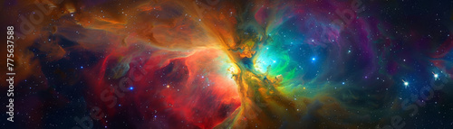 A colorful space scene with a red, yellow, and blue cloud
