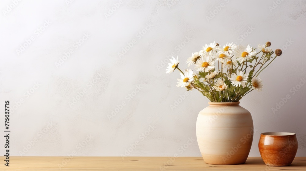 a Wooden table with beige clay vase with bouquet of chamomile flowers near empty, blank white wall a Wooden table with beige clay vase with bouquet of chamomile flowers near empty, blank white wall