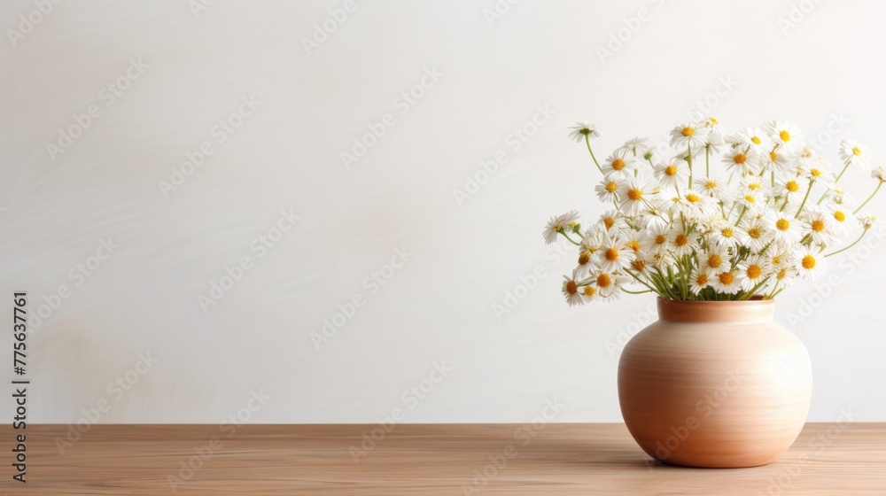 a Wooden table with beige clay vase with bouquet of chamomile flowers near empty, blank white wall a Wooden table with beige clay vase with bouquet of chamomile flowers near empty, blank white wall