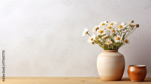 a Wooden table with beige clay vase with bouquet of chamomile flowers near empty, blank white wall © ORG