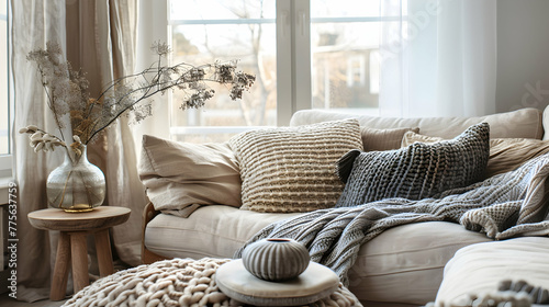 Modern living room with hygge interior design by Scandinavian designers. Comfortable couch with cushions and a knit throw by the window.