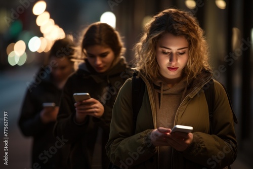 young American woman with two friends using smartphone on street  social media concept