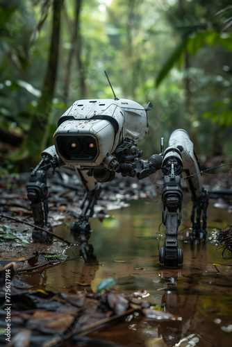 A robot is standing in a forest with water surrounding it © Natthakan