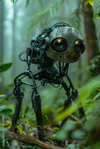 A robot with a metal head and legs is standing in a forest