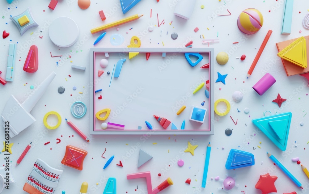 A whiteboard with a colorful frame of shapes in the middle of the design with a scattering of square and triangle color shapes and a completely white background A whiteboard with a colorful frame of shapes in the middle of the design with a scattering of square and triangle color shapes and a completely white background