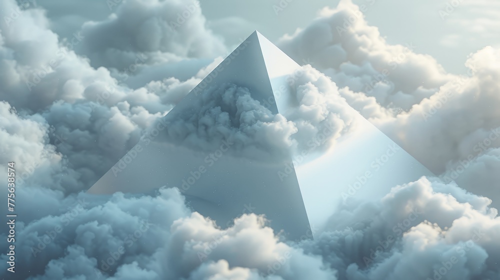 3D illustration of a pyramid structure with white clouds 3D illustration of a pyramid structure with white clouds