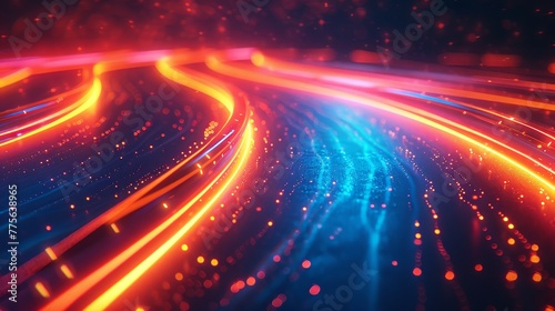 3D render abstract background with neon light lines speed, in the style of neon orange and neon blue © MAY