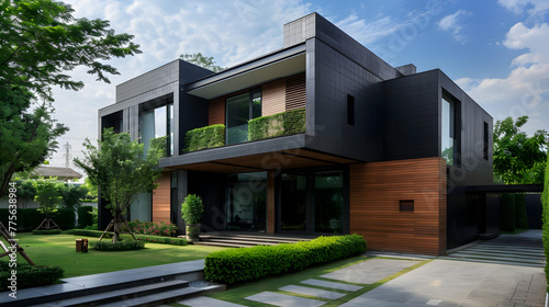 Modern, luxurious, minimalist cubic home; villa featuring black panel walls, front yard landscaping and wooden cladding. External architecture of residential buildings