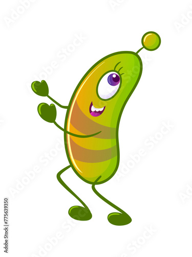 Cute monster is running. A green alien that looks like plankton or a microbe. Neon colors, Y2k, gradient, 2000s Cartoon illustration. Space flights, the future. Halloween stickers, design elements. © Любовь Кондратьева