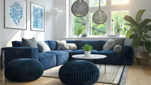 Near the dark blue corner sofa are two knitted pouffes. Modern living room interior design in a Scandinavian home. photo