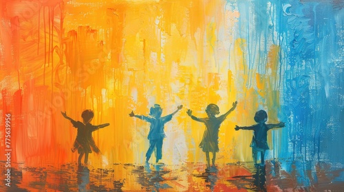 Cheerful children painted in bold colors against a sunny abstract background.