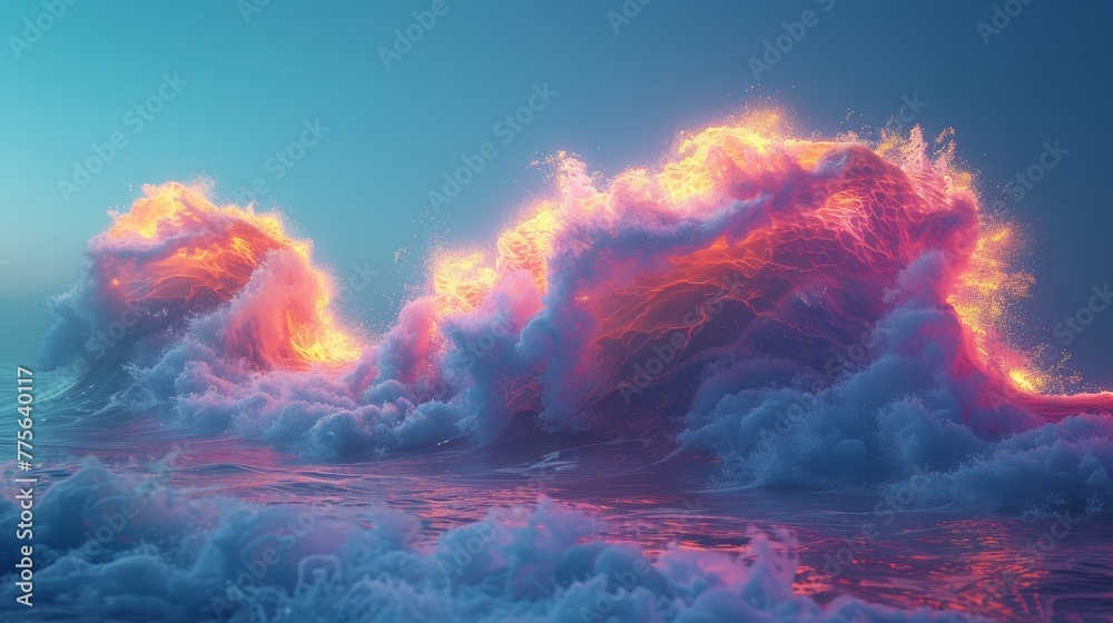 (3D render of a colorful cloud with glowing neon, shaped like a wave