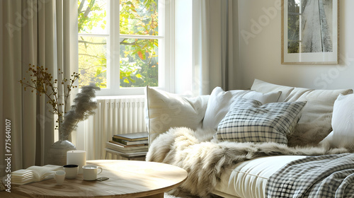 Scandinavian-style  hygge interior design for a modern living room or home. checkered fur sofa.