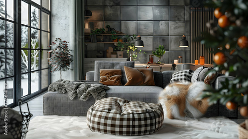 Scandinavian-style, hygge interior design for a modern living room or home. checkered fur sofa.