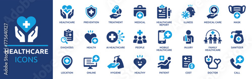 Healthcare icon set. Containing treatment, prevention, medical, health, diagnosis, report, illness, injury and more. Solid vector icons collection.  © Icons-Studio