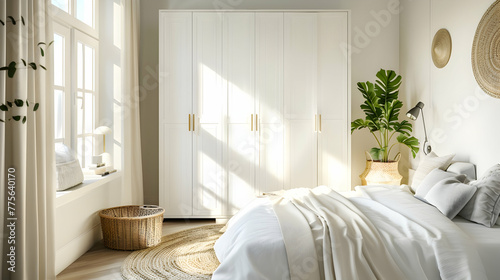 Scandinavian-style white wooden wardrobe in a contemporary bedroom