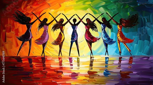 Abstract painting of stylized dancing figures against a rainbow backdrop. photo