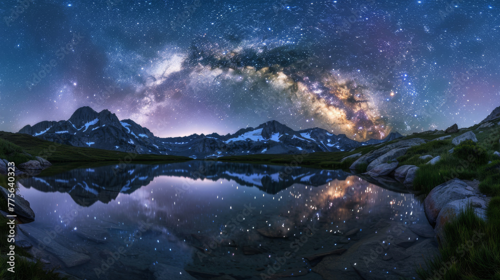 A beautiful night sky with a large lake in the foreground