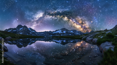 A beautiful night sky with a large lake in the foreground