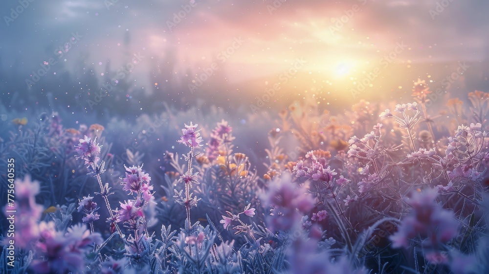 First light warms a frost-kissed field of wildflowers, creating a dreamlike atmosphere with a soft glow.