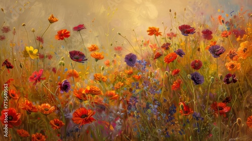 A rich tapestry of colorful wildflowers bathed in the soft, warm light of the sun in a lush field. © doraclub