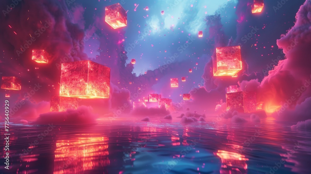 3D render of glowing neon cubes floating in a surreal landscape