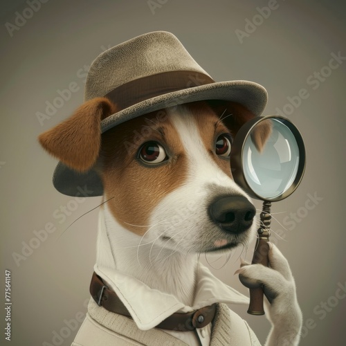 A Jack Russell terrier, clad in detective attire, examines clues through a magnifying glass. The air of mystery is palpable in this clever canine caper.