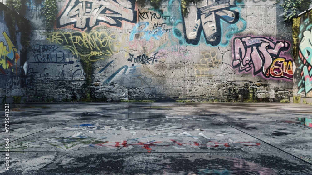 Fototapeta premium A gritty urban scene with a textured concrete wall adorned with vibrant graffiti, standing behind a weathered concrete podium, invoking a raw, street art atmosphere.