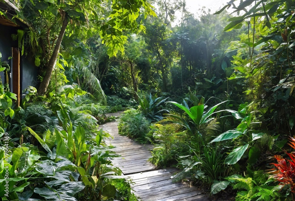 Garden-jungle-style behind the house with a mix of plant species and natural walkways, generative ai art