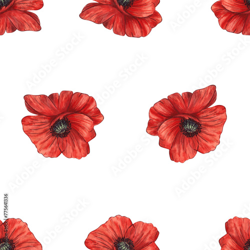 Seamless watercolor pattern with red poppies on a white background. © Елена Изумрудова