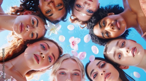 Gen Z Friends Encircled with Spring Flowers. A heartwarming circle of Gen Z friends lie back, each showcasing unique beauty, surrounded by the ethereal bloom of spring flowers against a clear sky.
