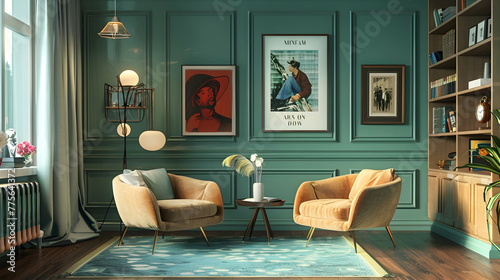 Interior design of a modern living room Surrounded by art posters on a teal classic panel wall with lounge chairs and sofa