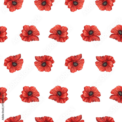 Seamless watercolor pattern with red poppies on a white background.